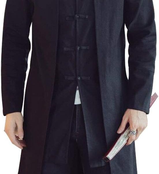 Men's Vintage Cotton Linen Stand Collar Frog-Button Trench Coats
