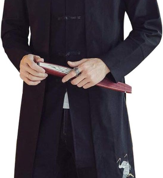 Men's Vintage Cotton Linen Stand Collar Frog-Button Trench Coats