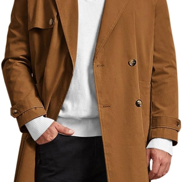 Men's Slim Fit Trench Coat Double Breasted Mid-Long Jacket Notched Lapel Belt Fall Windproof Coat